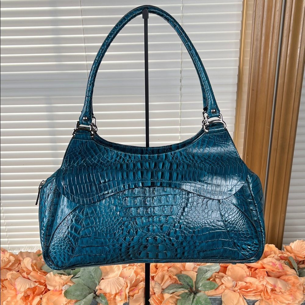 CHARLIE LAPSON Croc Embossed Turquoise Leather Shoulder Bag